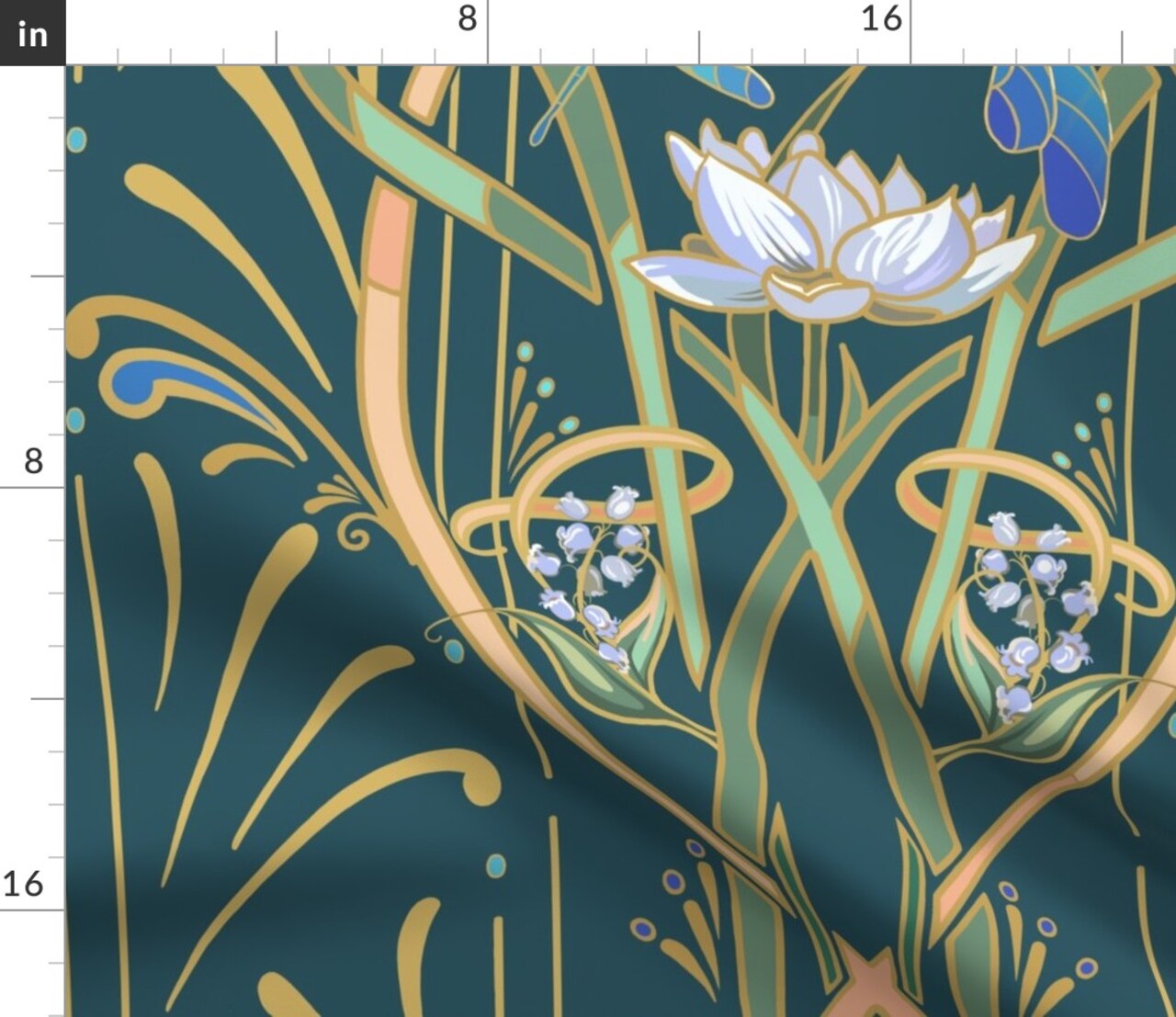 Teal Art Nouveau Elegant Dragonflies Large Scale Lotus Flower Ornate Botanical Custom Printed Fabric by Spoonflower Various Fabrics by the Yard or Fat Quarter